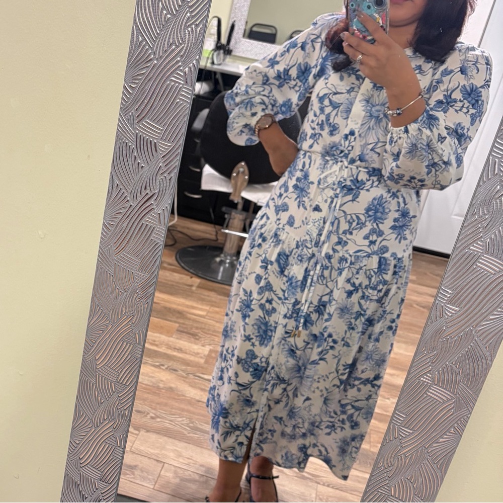 H&M Cream Midi Dress with Blue Floral Print